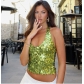 European and American style women's summer new solid color sequin halter neck V-neck zip-up T-shirt top