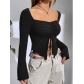 European and American women's spring and autumn two-wear tops with wooden ears and trumpet sleeves, sexy off-shoulder long women