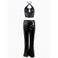 European and American style spring and summer new sexy halter neck strap vest high waist strap PU trousers ladies fashion suit