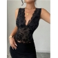 European and American 2025 spring and summer new women's slim flocking mesh black contrast lace V-neck vest top