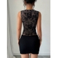 European and American 2025 spring and summer new women's slim flocking mesh black contrast lace V-neck vest top