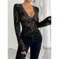 European and American 2025 spring new women's V-neck lace mesh trumpet sleeve T-shirt tops for women
