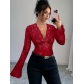 European and American 2025 spring new women's V-neck lace mesh trumpet sleeve T-shirt tops for women
