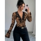 European and American 2025 spring new women's V-neck lace mesh trumpet sleeve T-shirt tops for women