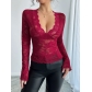 European and American 2025 spring and summer new women's solid color sexy lace slim fit V-neck long-sleeved T-shirt tops for women