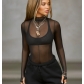 Hot European and American sexy hot girl mesh see-through long sleeves slim fit half turtleneck long sleeves women's tops