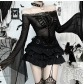 Dark Gothic style flocked skull print top 2025 new sexy slim fit trumpet sleeve top