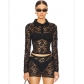 Tight sexy hollow lace V-neck short bottom for women, slimming, showing figure, chest and waist, transparent casual suit