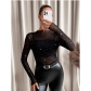 European and American 2025 spring new women's small stand-up collar long-sleeved mesh sand transparent rhinestone decorated T-shirt tops for women