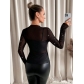 European and American 2025 spring new women's small stand-up collar long-sleeved mesh sand transparent rhinestone decorated T-shirt tops for women