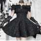 Dark-themed off-shoulder textured dress, 2025 new style, gothic-inspired, unique streetwear, fitted mini dress
