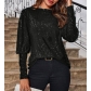 New European and American style loose-fitting long-sleeved sequined round neck T-shirt for women.
