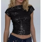 European and American style sparkly T-shirt for women, new summer style, sexy backless sequined round neck short sleeve slim fit top.