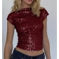 European and American style sparkly T-shirt for women, new summer style, sexy backless sequined round neck short sleeve slim fit top.