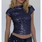 European and American style sparkly T-shirt for women, new summer style, sexy backless sequined round neck short sleeve slim fit top.