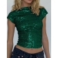 European and American style sparkly T-shirt for women, new summer style, sexy backless sequined round neck short sleeve slim fit top.
