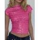 European and American style sparkly T-shirt for women, new summer style, sexy backless sequined round neck short sleeve slim fit top.
