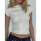 European and American style sparkly T-shirt for women, new summer style, sexy backless sequined round neck short sleeve slim fit top.