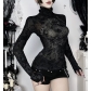 Dark-themed black flocked rhinestone top, 2026 new gothic style sexy black long-sleeved T-shirt for women.