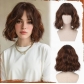 Short wavy golden chestnut brown wig, 12-inch bob with bangs, women's curly shoulder-length bob wig, everyday style.