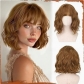 Short wavy golden chestnut brown wig, 12-inch bob with bangs, women's curly shoulder-length bob wig, everyday style.