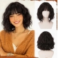 Short wavy golden chestnut brown wig, 12-inch bob with bangs, women's curly shoulder-length bob wig, everyday style.