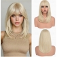 Golden bangs bob wig, shoulder-length, straight, natural-looking, synthetic, heat-resistant, European and American style, everyday headpiece for women.