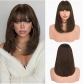 Golden bangs bob wig, shoulder-length, straight, natural-looking, synthetic, heat-resistant, European and American style, everyday headpiece for women.
