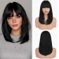 Golden bangs bob wig, shoulder-length, straight, natural-looking, synthetic, heat-resistant, European and American style, everyday headpiece for women.