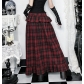 Dark-themed low-waisted high-slit plaid midi skirt, 2026 new gothic style sexy maxi skirt for women.