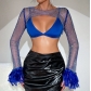 Fishnet rhinestone see-through sexy crop top for women, European and American style, nightclub party, feather long-sleeved vest top, tank top