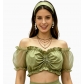 A mesh, puff-sleeved, off-the-shoulder cropped top that can be paired with a Dirndl skirt for a German Oktoberfest party outfit.